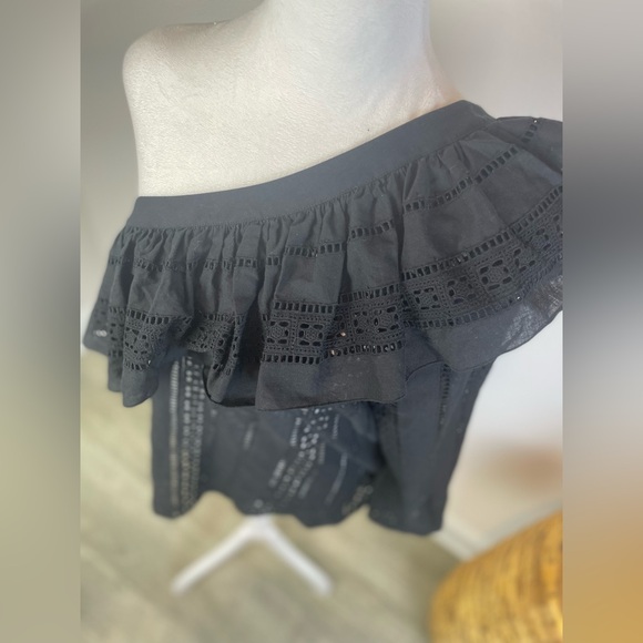 Retail $298 Veronica Beard CRUZ RUFFLED ONE SHOULDER TOP BLACK COTTON EYELET TOP - Picture 7 of 11